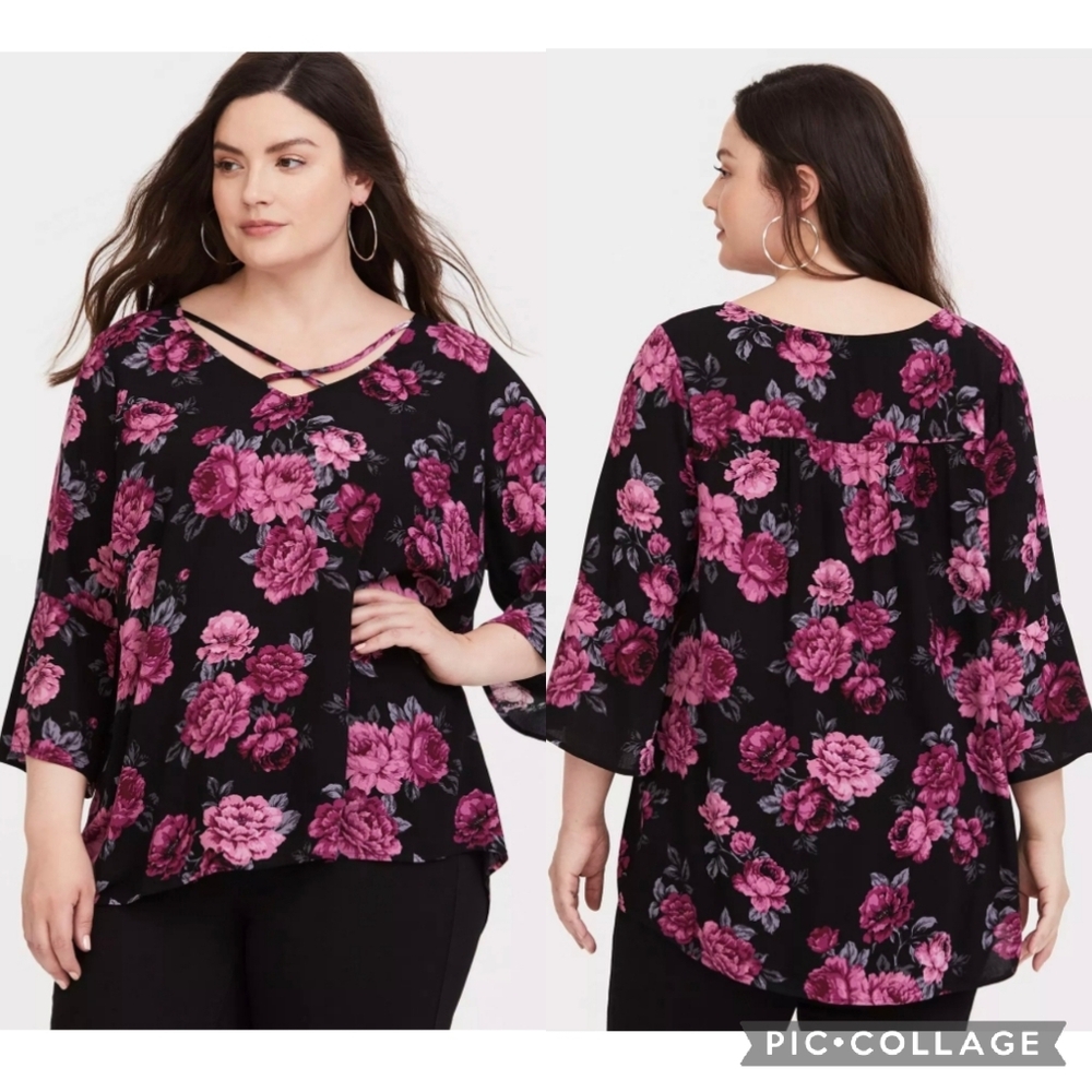 Torrid Womens 0 Black Floral Crepe Strappy Blouse Bell Sleeve Hi-lo Hem Feminine